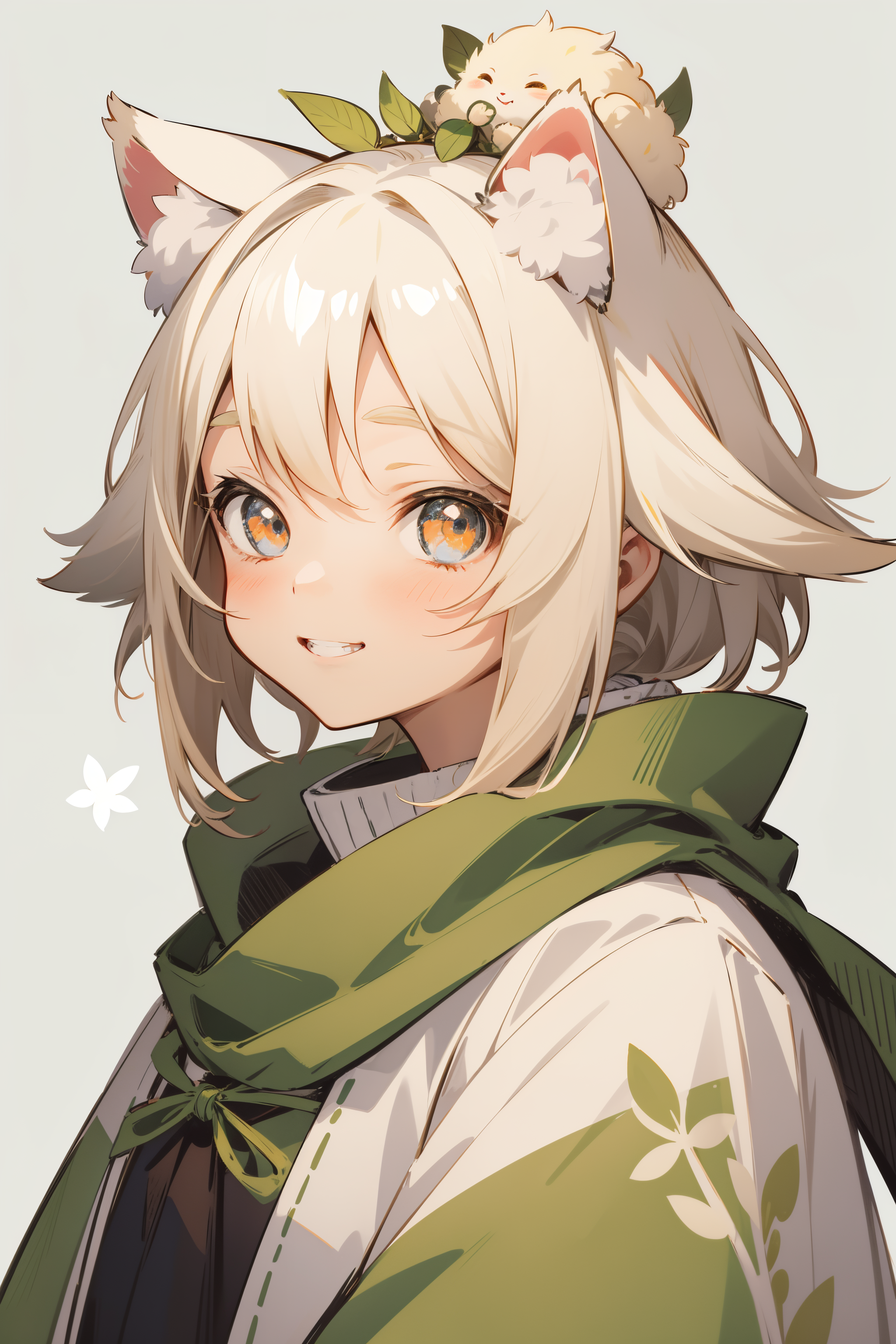 a fluffy anime girl, large animal ears, white hair, blonde hair, [orange|yellow] eyes, animal ear fluff, sprout seedling o...